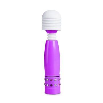 Purple handheld massager with rhinestones and a white rounded head.