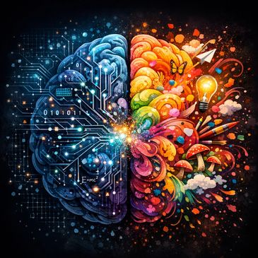 Colorful artistic brain showing left logical and right creative sides.