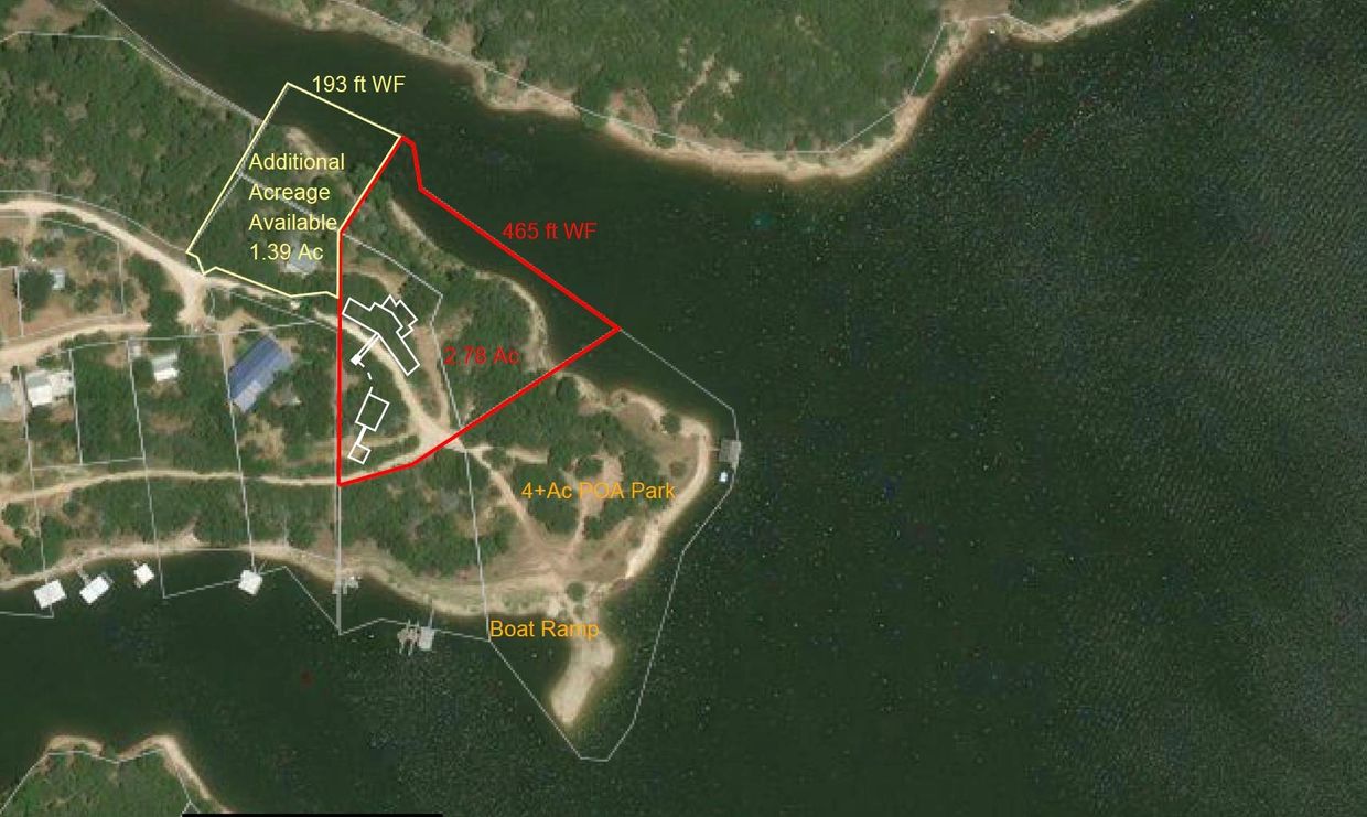 Aerial view of lakeside property with marked acreage and waterfront measurements.