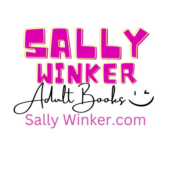 Sally Winker logo in bold pink and black with winky face and website address