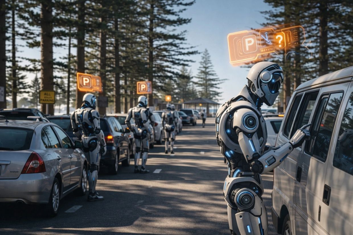 Robots checking cars in a busy parking lot with holographic parking signs.