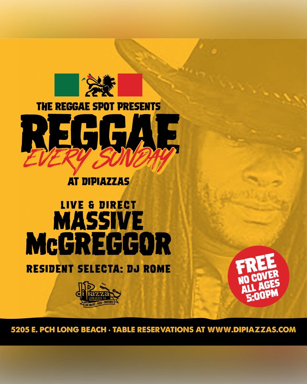 
Reggae Sunday at DiPiazza's: Massive McGreggor live 5PM, DJ Rome, free entry, all ages