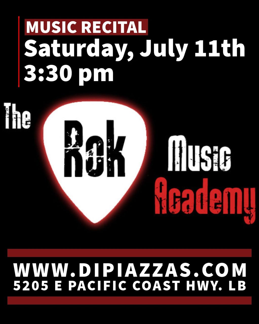 The Rok Academy showcase! Sat July 11th, 3:30pm. Young musicians on stage, live music + pizza.