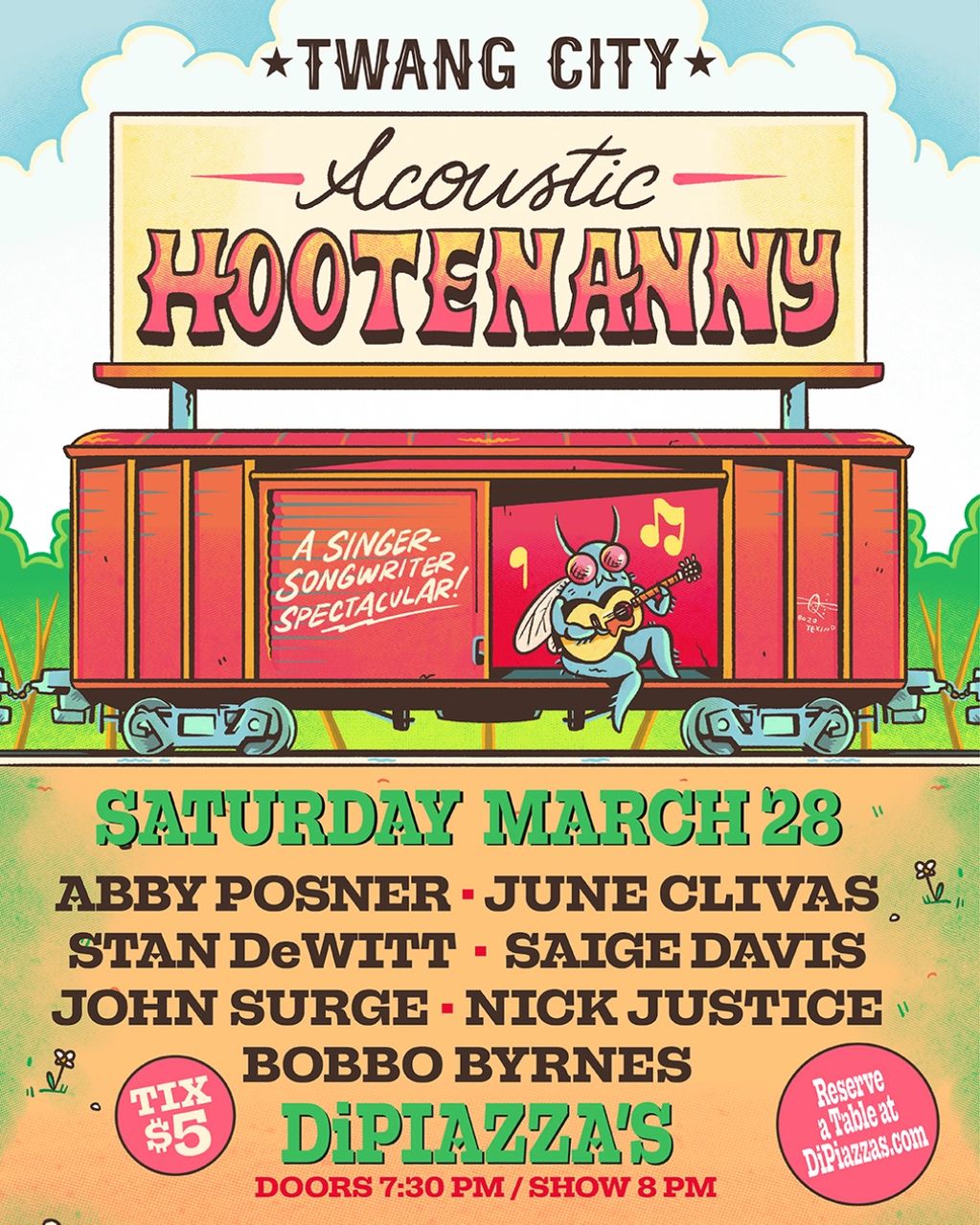 Twang City Acoustic Hootenanny poster: Singer-songwriters event Mar 28 at DiPiazza's
