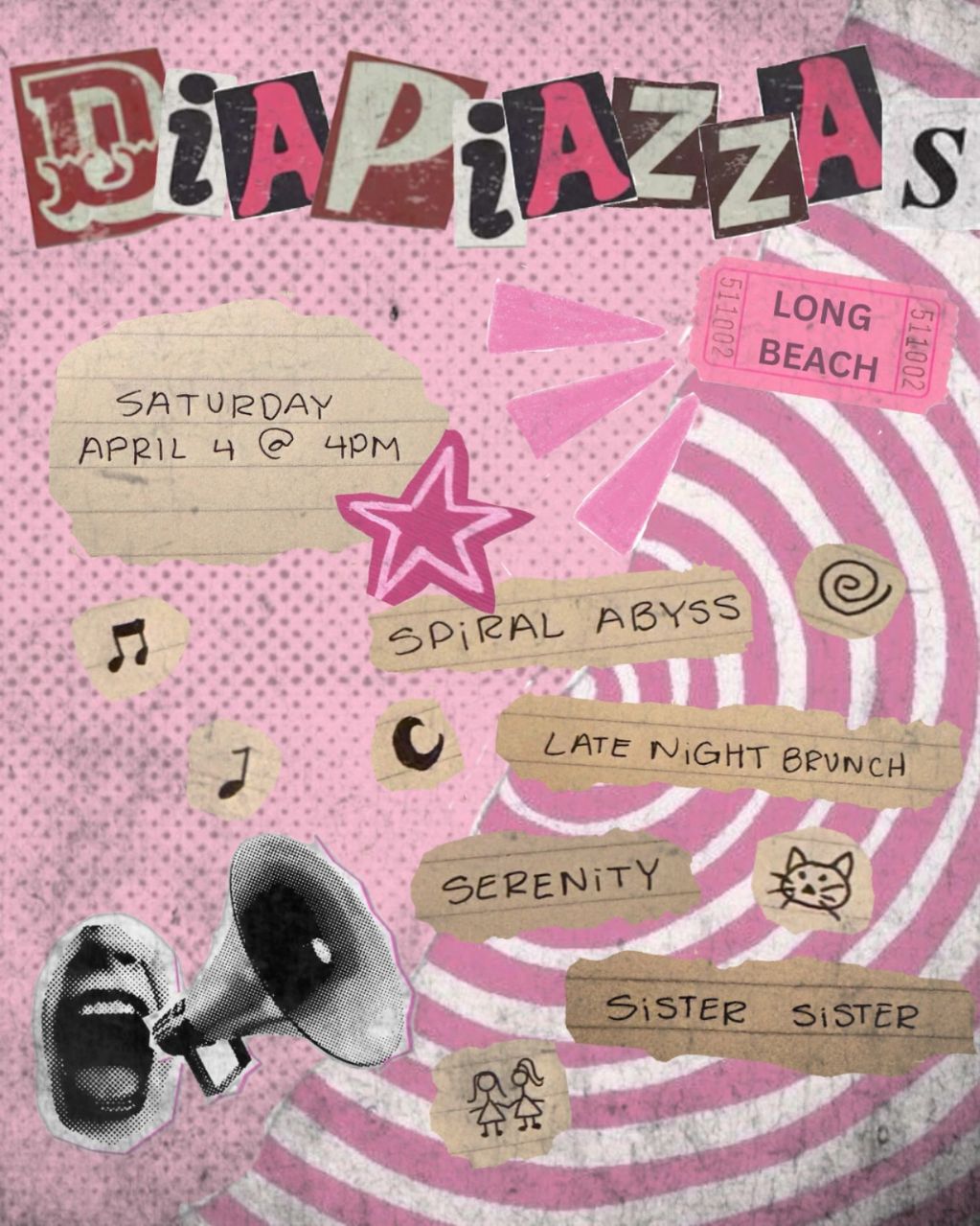 April 4 at 4PM with Spiral Abyss, Late Night Brunch, Serenity & Sister Sister