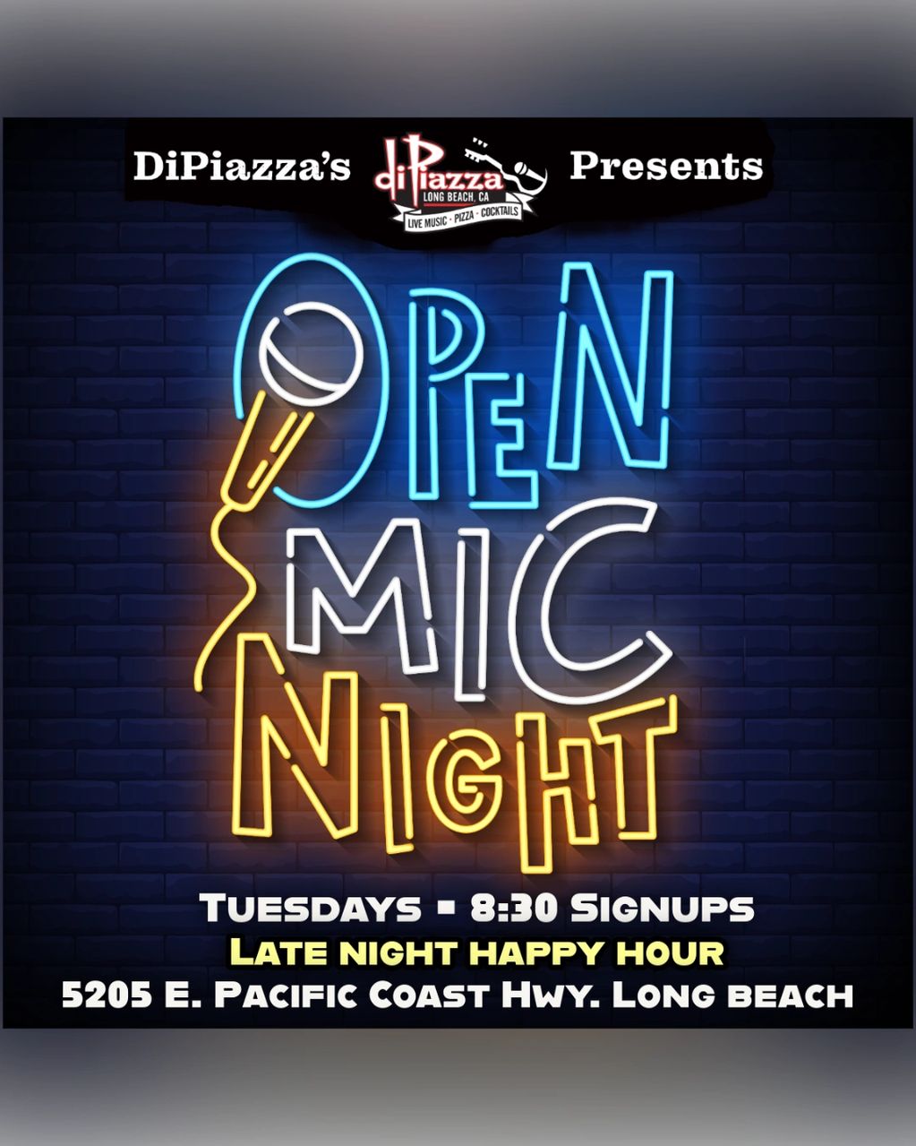 Neon-style flyer on a dark brick wall. OPEN MIC NIGHT in glowing letters with a microphone icon.