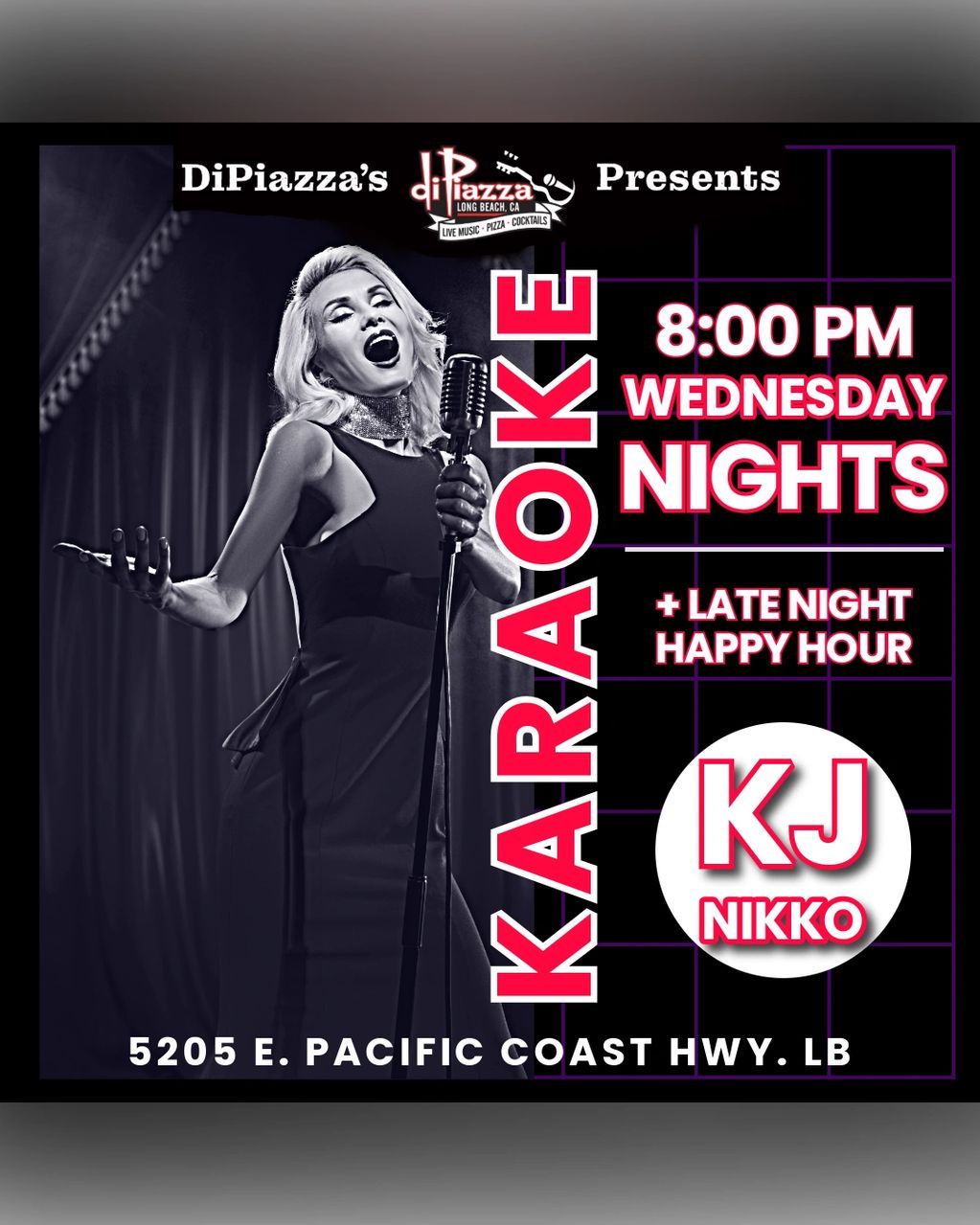 Black and purple flyer for DiPiazza's Karaoke Nights every Wednesday at 8:00 PM, hosted by KJ Nikko.