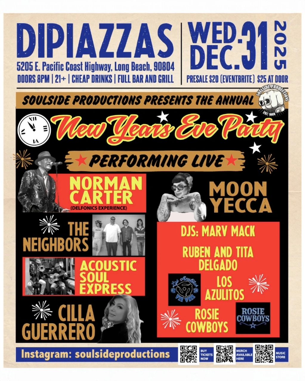 NYE Party at DiPiazzas Dec 31: Norman Carter, Moon Yecca, The Neighbors + more. 8pm, 21+, $25 door.