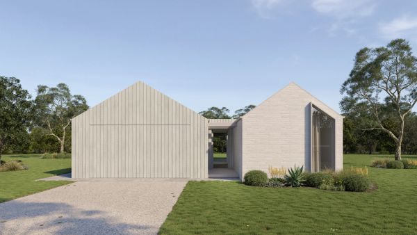 Modern minimalistic home with white paneling and large windows.