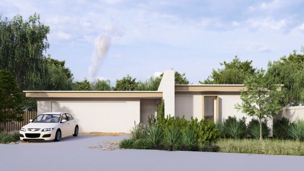 Modern single-story house with a white car parked outside.