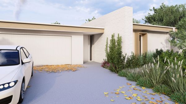 Modern house exterior with white car and greenery.