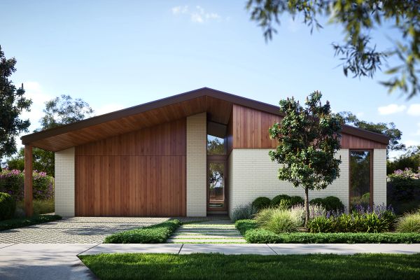 Modern single-story house with wood and brick exterior.