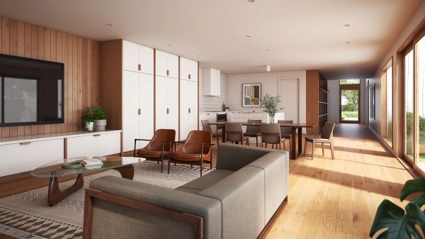 Modern open-plan living and dining area with wooden flooring.