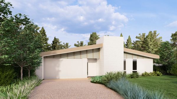 Modern single-story house with a sloped roof and large chimney.