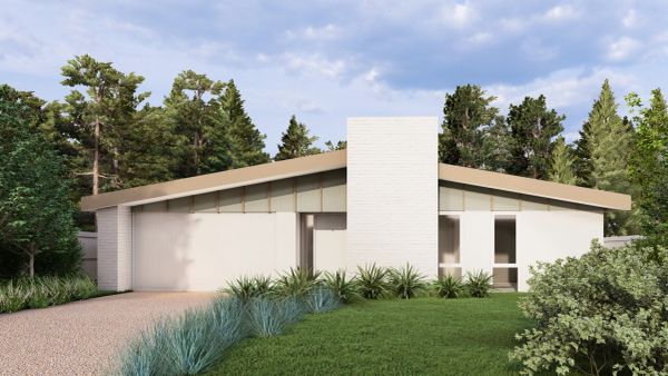 Modern minimalistic house with sloped roof and greenery.