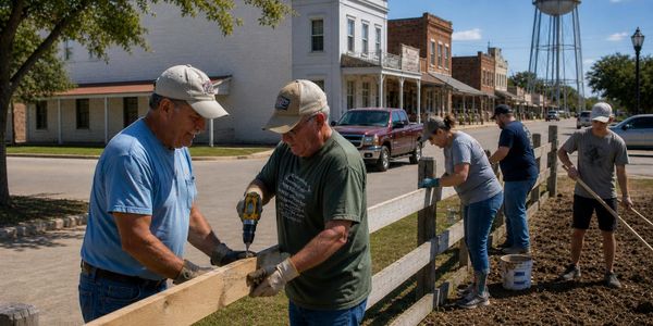 A group of people building a wooden fence in a small town with a Texas water tower.