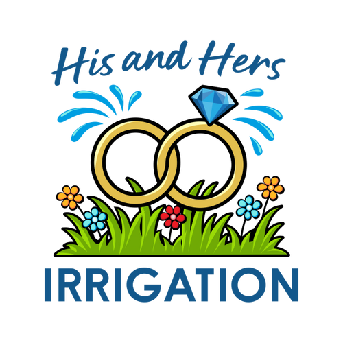 Logo with wedding rings, flowers, and water sprays for irrigation business.