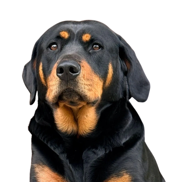 Close-up of a black and tan Rottweiler dog looking ahead.