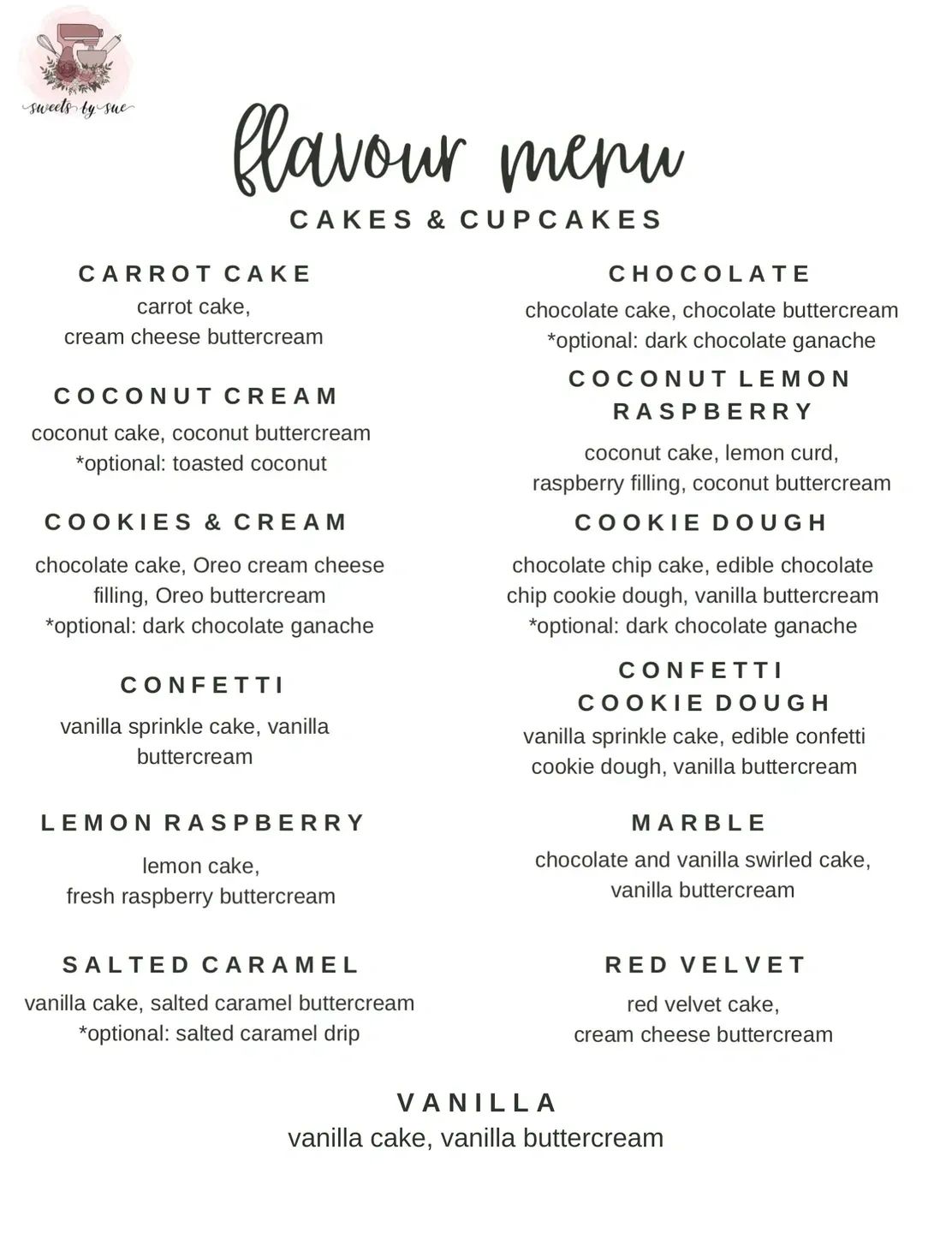 Flavour menu for cakes and cupcakes with various delicious options and optional toppings.