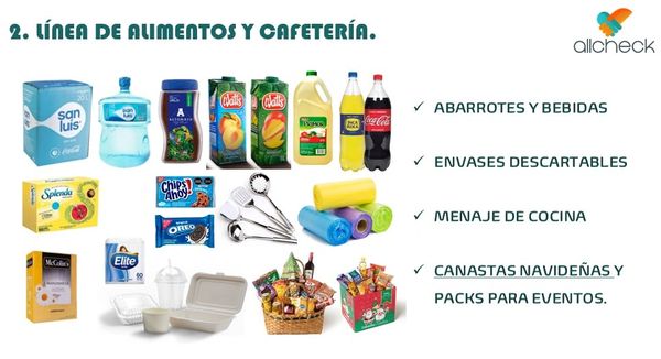 Productos de alimentos, bebidas y utensilios desechables para cocina.