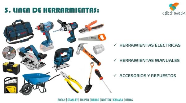 Línea de herramientas eléctricas y manuales con accesorios y repuestos.