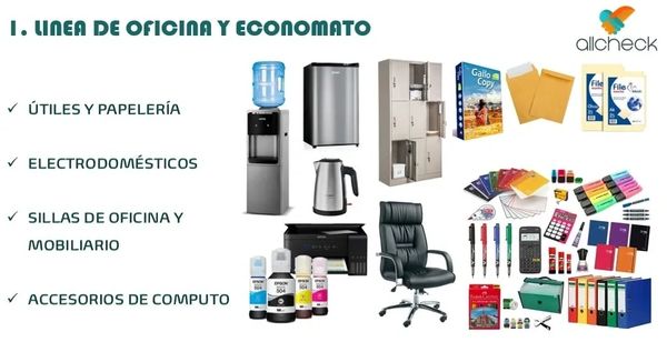 Elementos de oficina y economato con útiles, muebles y electrodomésticos.