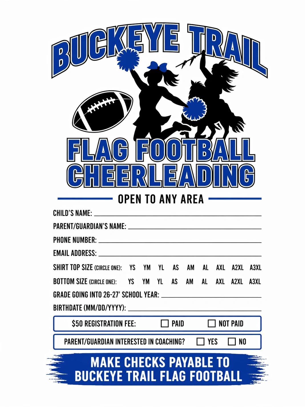 Buckeye Trail Flag Football and Cheerleading registration form with fields for child and parent info.