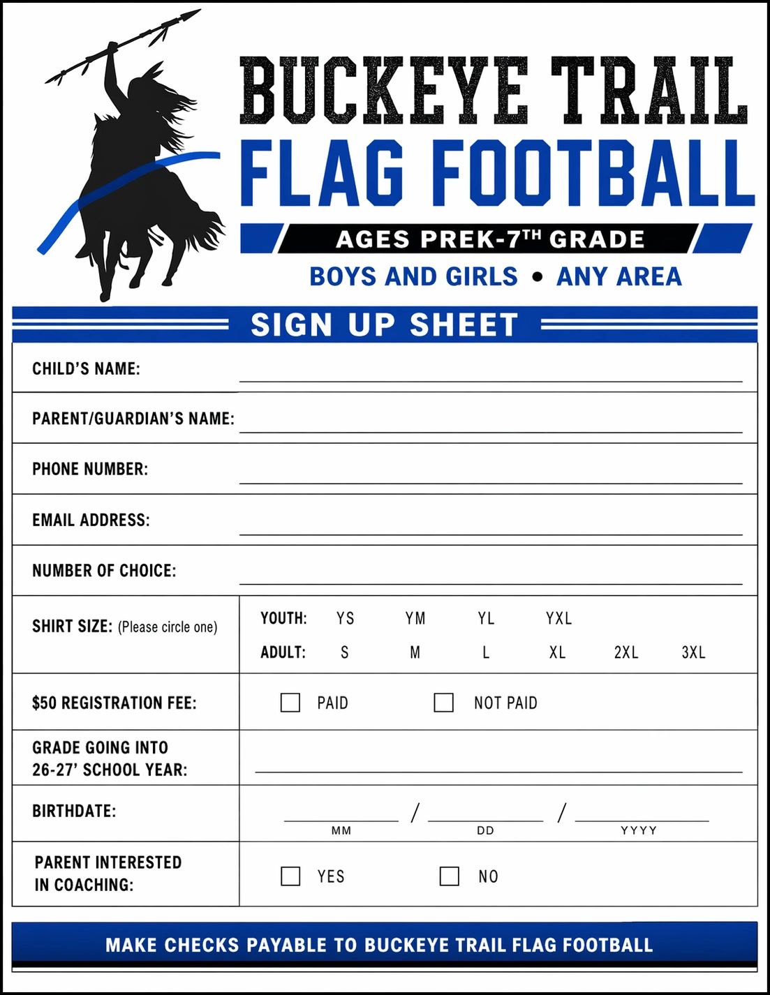 Buckeye Trail Flag Football sign-up sheet for kids ages PreK to 7th grade.