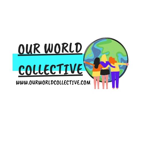 Our World Collective logo - 3 women linking arms with their arms around the world. 