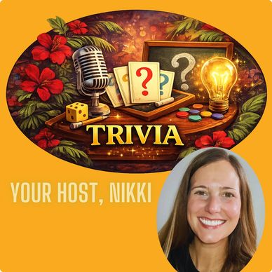 Trivia game hosted by Nikki with colorful game elements and vintage microphone.