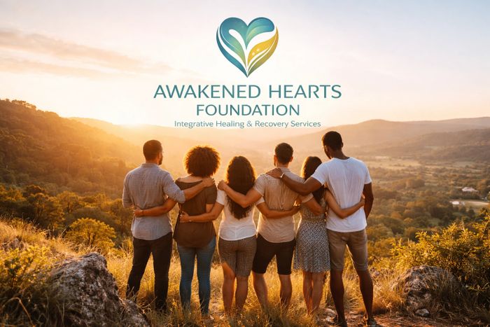 Six people stand together overlooking a valley symbolizing hope, healing, and community support.