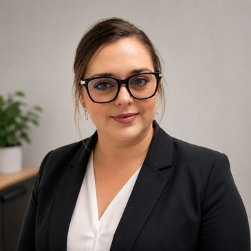 Professional woman in glasses and business attire smiling at the camera.