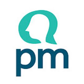 Logo with a stylized human head silhouette and letters 'pm'.