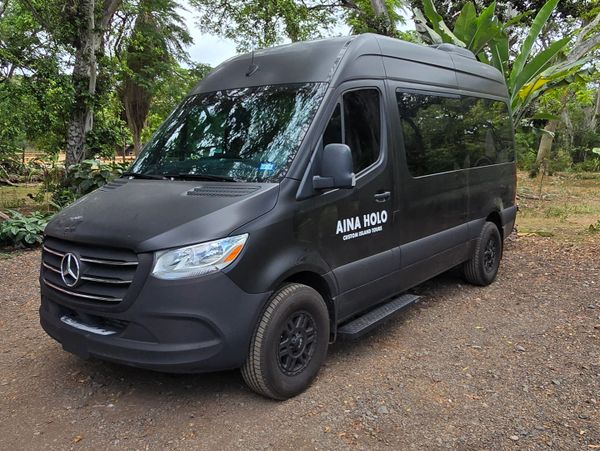 Black Mercedes van parked outdoors with AINA HOLO logo on door.