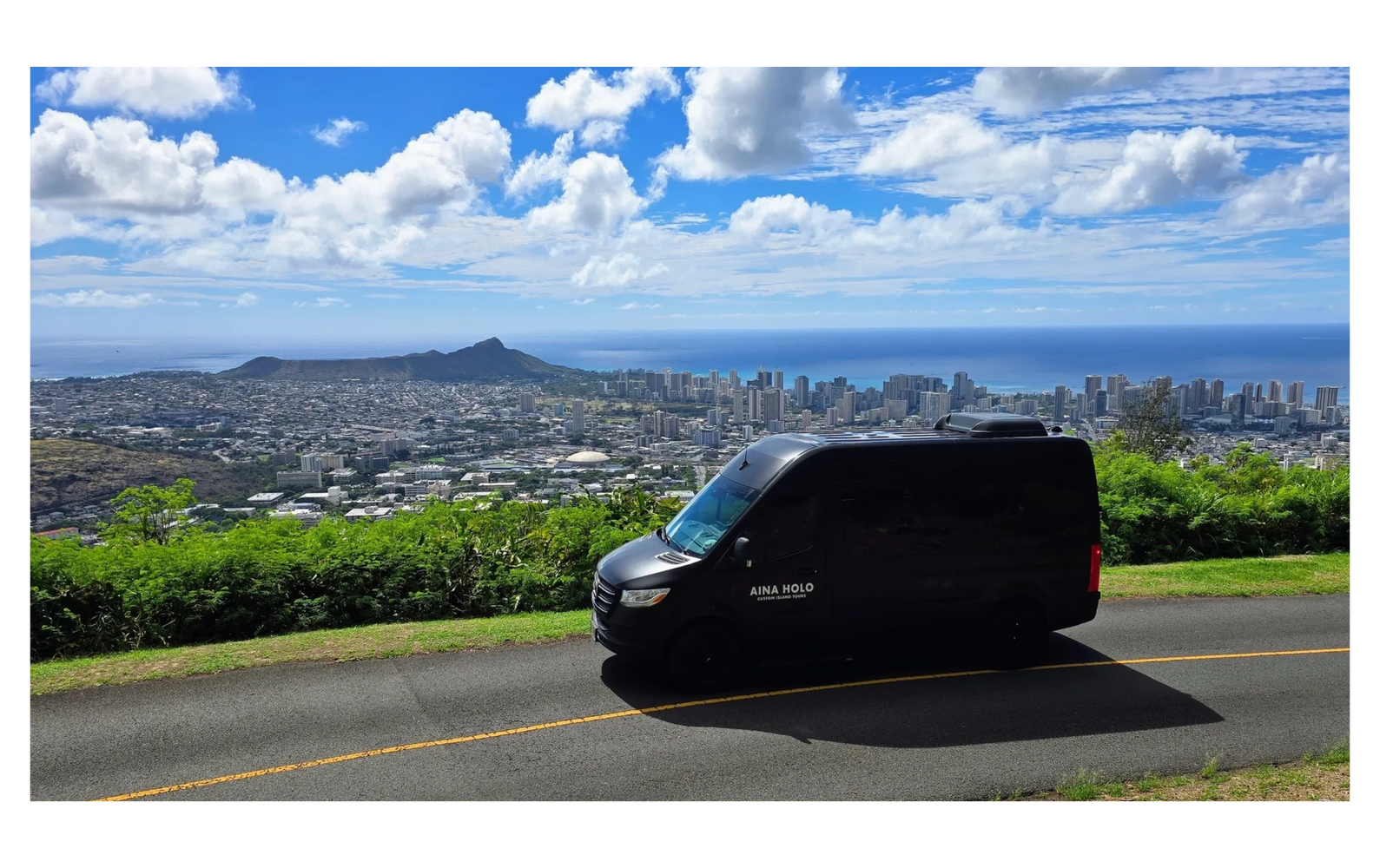Black Mercedes Sprinter van for private Oahu tours and transportation with Aina Holo Tours