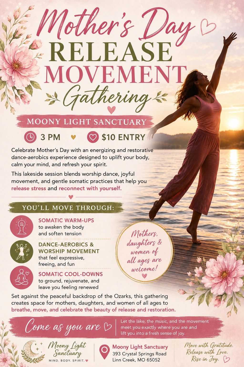 Mother's Day dance-aerobics gathering at Moony Light Sanctuary to release stress and reconnect.