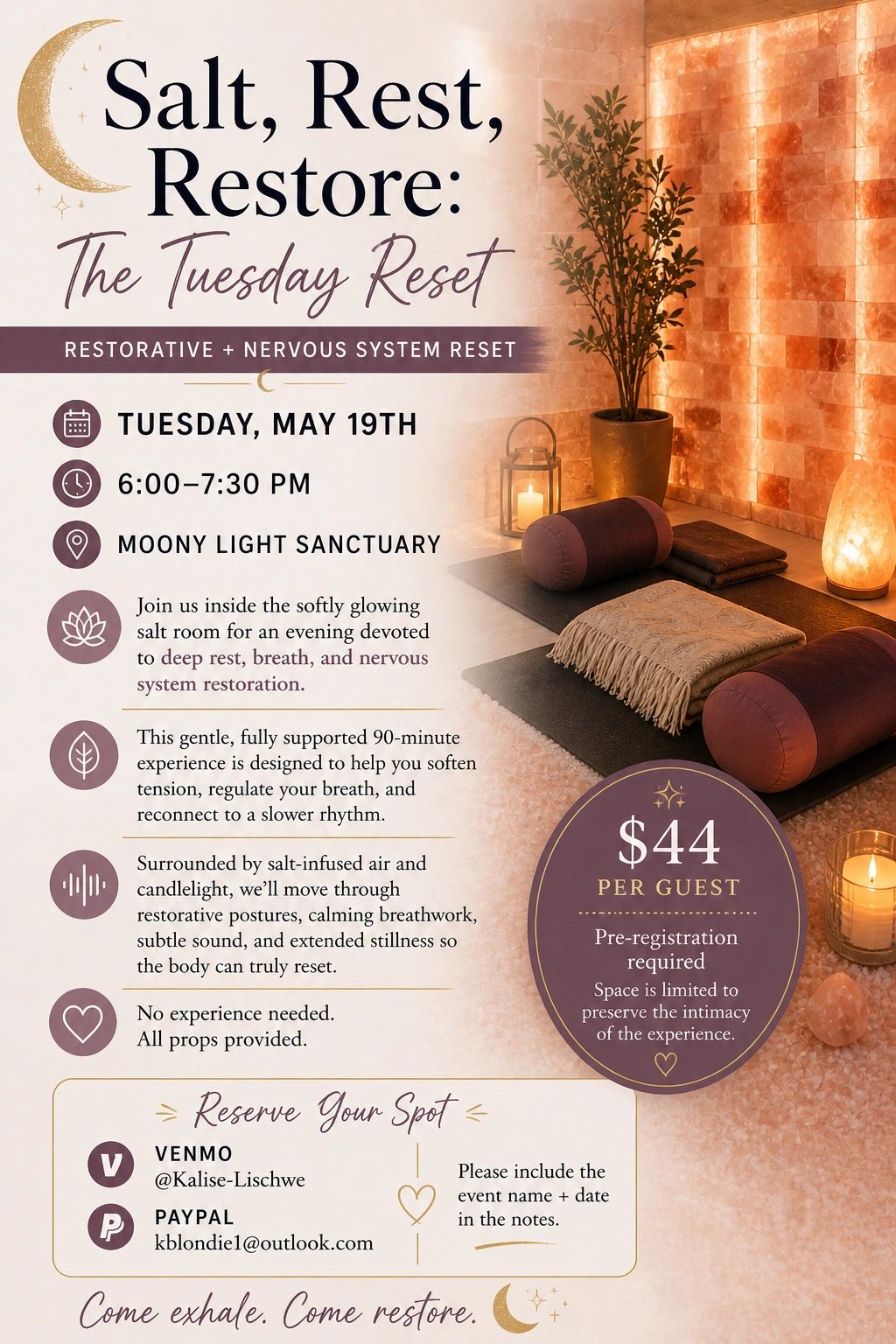 Relaxing salt room event for nervous system reset on May 19th at Moony Light Sanctuary.