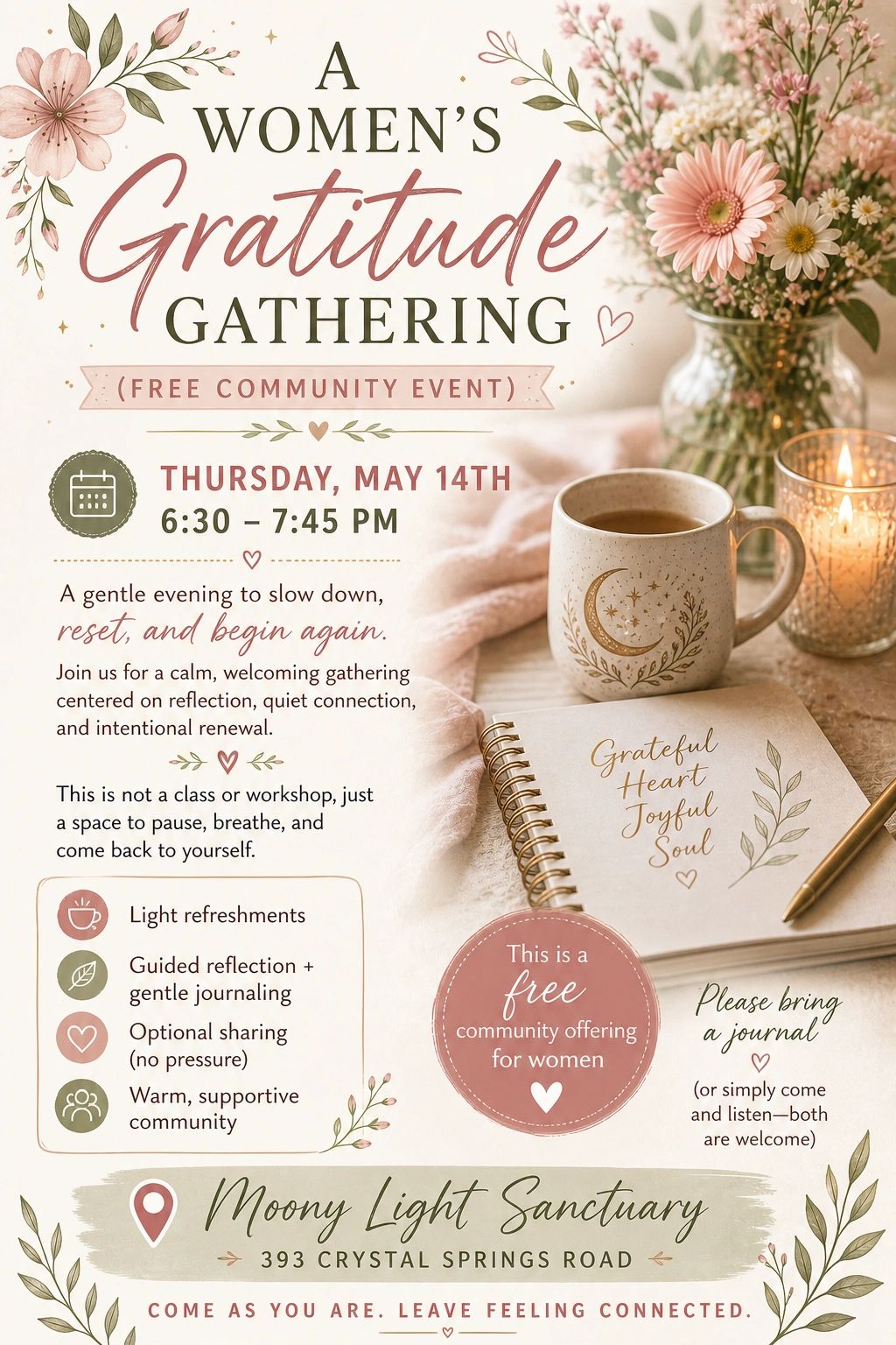 Invitation for a women's gratitude gathering with journaling and reflection at Moony Light Sanctuary.