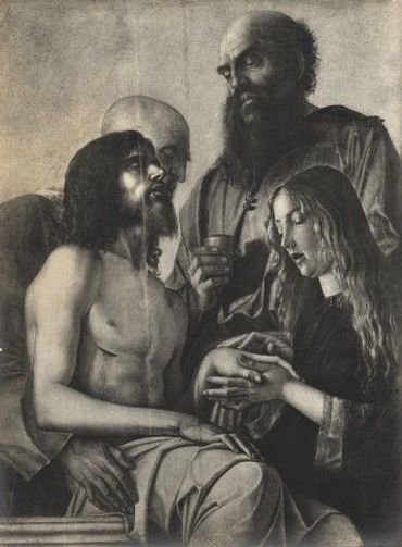 A classical painting showing four figures in deep interaction, with a solemn atmosphere.