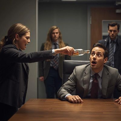 A woman angrily confronts a seated man with a water bottle in a tense office setting.