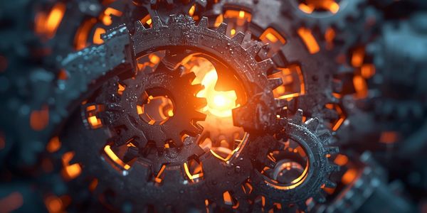 Dark gray interlocking gears symbolizing collaboration with an orange light illuminating the way in 