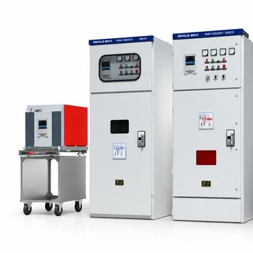 Set of industrial electrical cabinets with control panels.