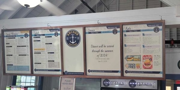 Anchor Dockside breakfast, lunch and dinner menu boards