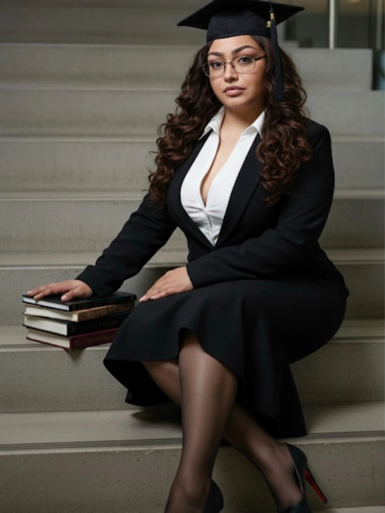 A confident graduate in a black suit and cap sitting on stairs with books.