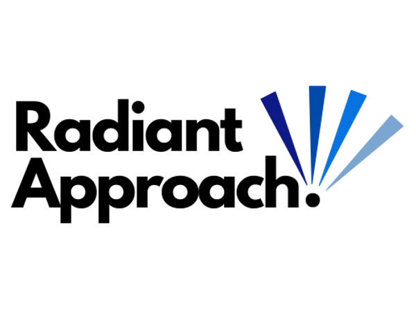 Radiant Approach company logo, featuring company name and an exclamation mark in 4 shades of blue.