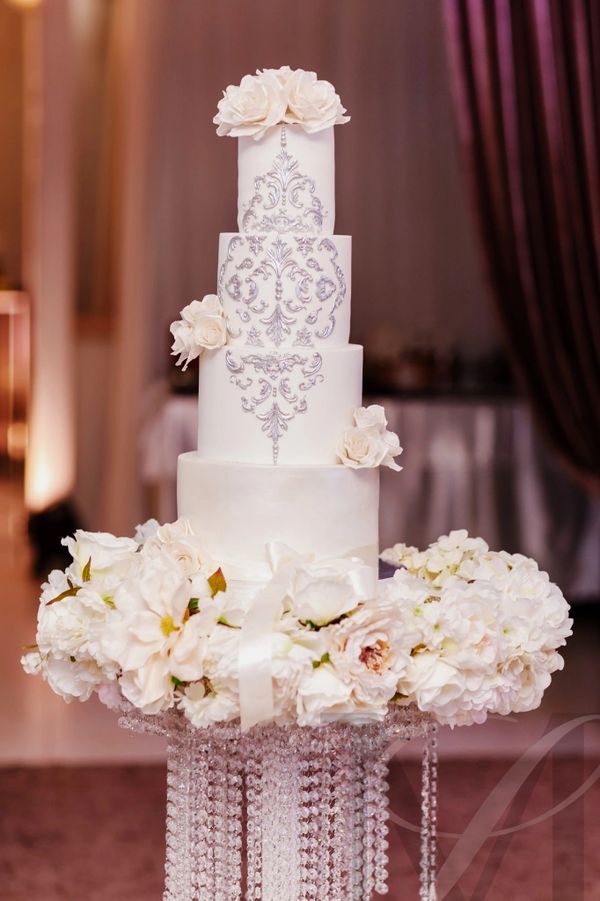 White floral cake, flowers, bling, vase, wedding planner designer decor, wedding reception