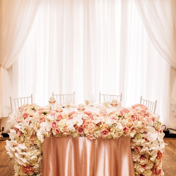 wedding reception, head table, wedding planner designer, floral runner, drapes