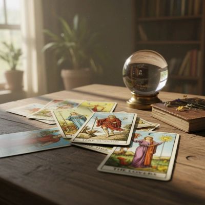 Tarot cards and a crystal ball on a wooden table.