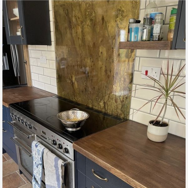 Distressed Brass kitchen cooker splashback
