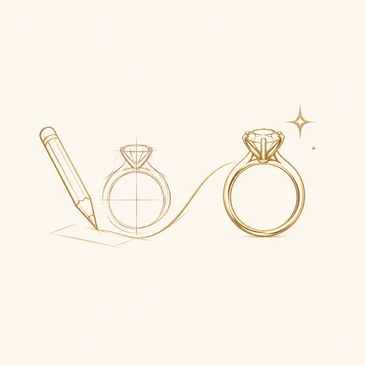 Creative illustration of a pencil sketching a diamond ring transforming into a polished ring.
